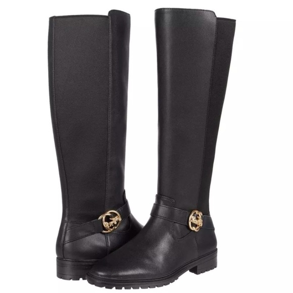 NWT COACH Farrah ll Leather Knee High Riding Boot Black Gold Buckle Size 6.5 - Picture 2 of 7